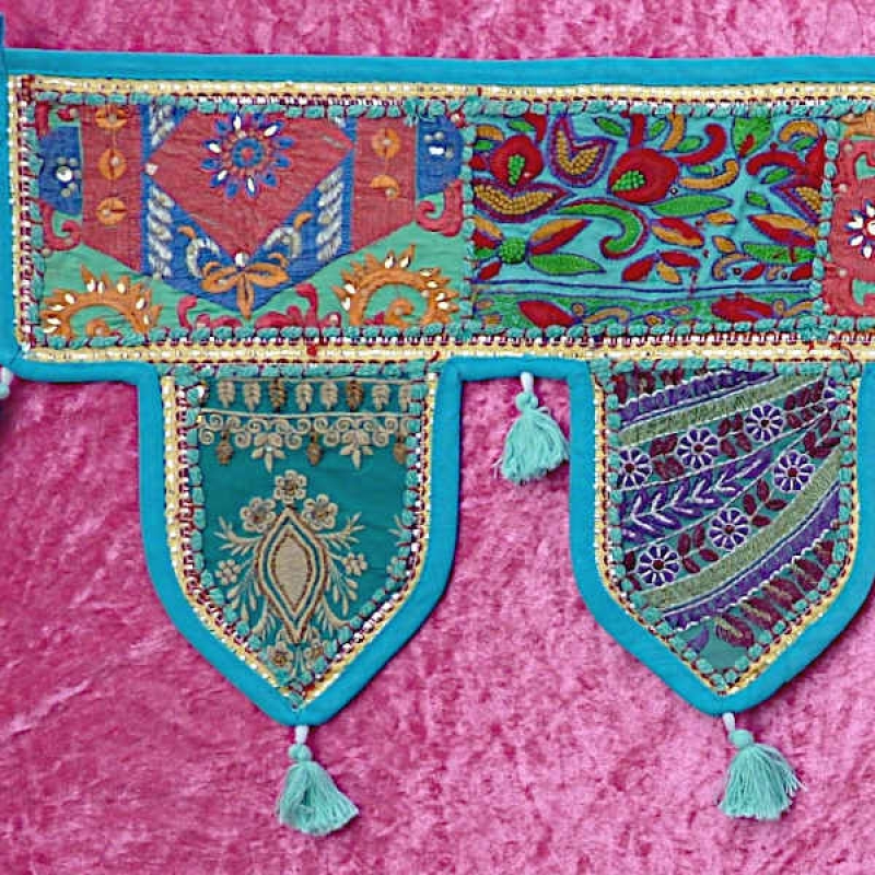 Preview: Thoran Türbehang türkis-blau mit Pailetten und bunten Stickereien